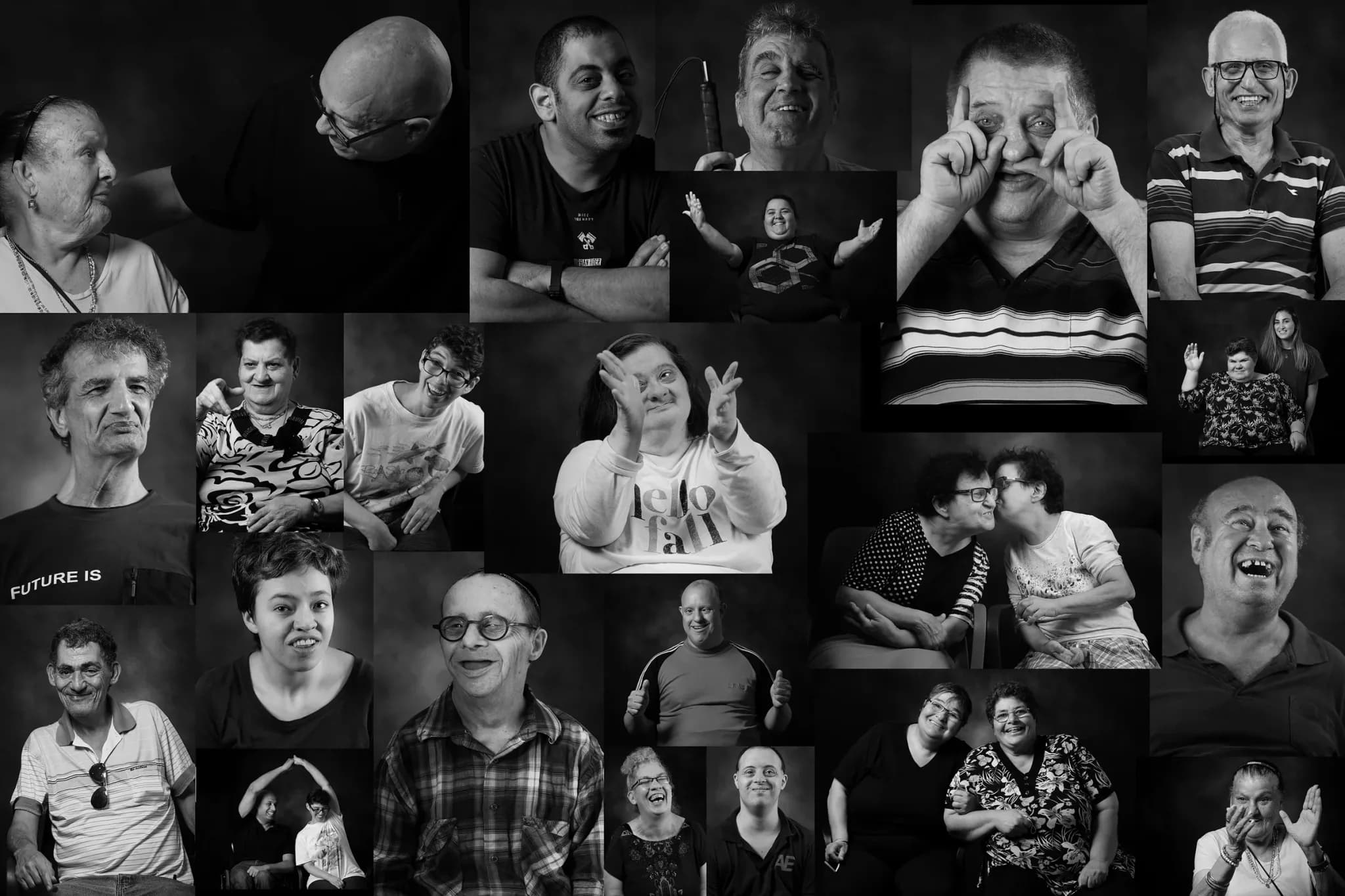 A collage of black-and-white portraits of people with disabilities from the "At Eye Level" exhibition by Sharon Gabay