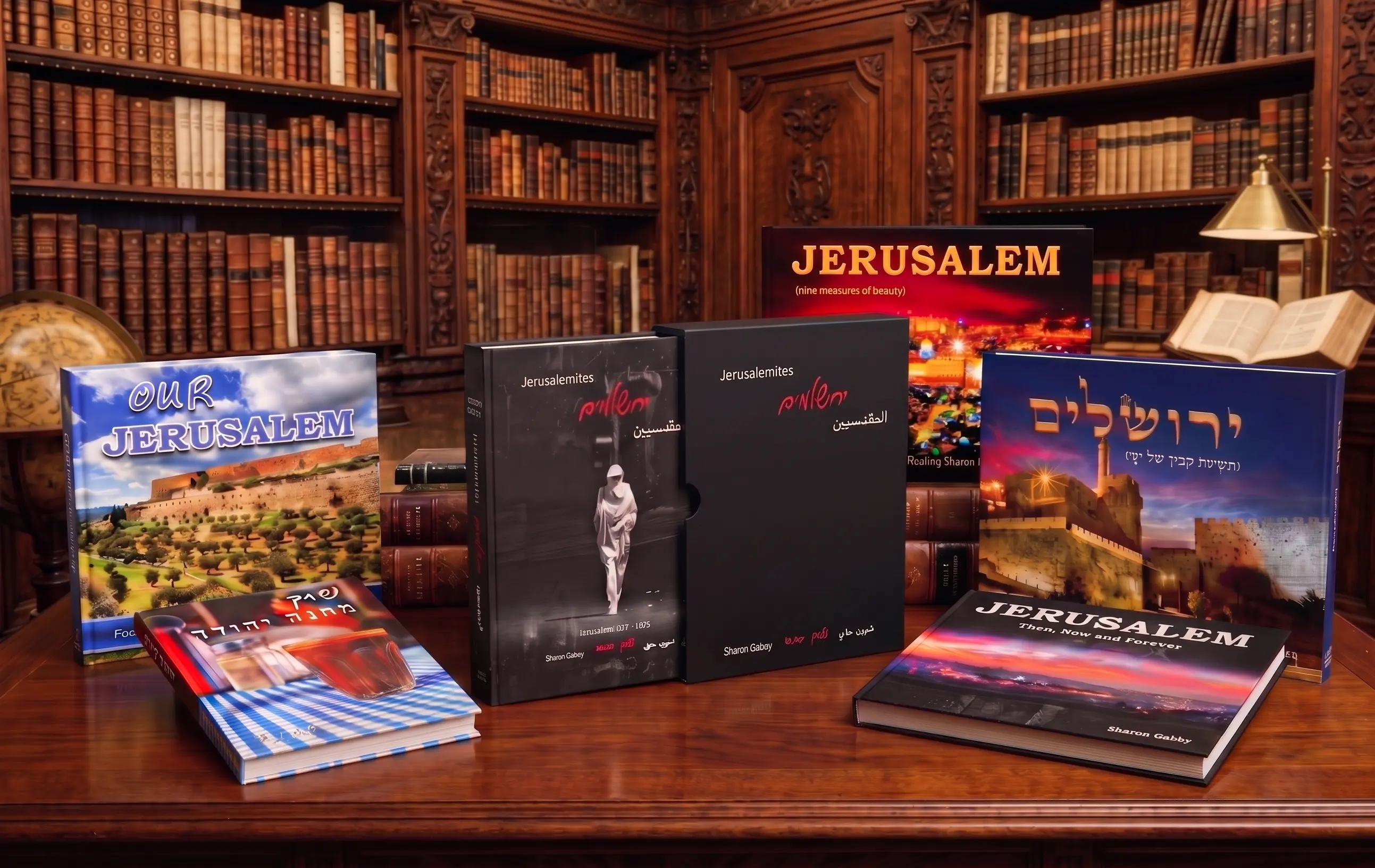ששת ספרי הצילום של שרון גבאי מונחים יחד על שולחן עץ בספרייה — ובהם ״ירושלמים״, ״ירושלים — אז, היום ולתמיד״ ו״ירושלים שלנו״