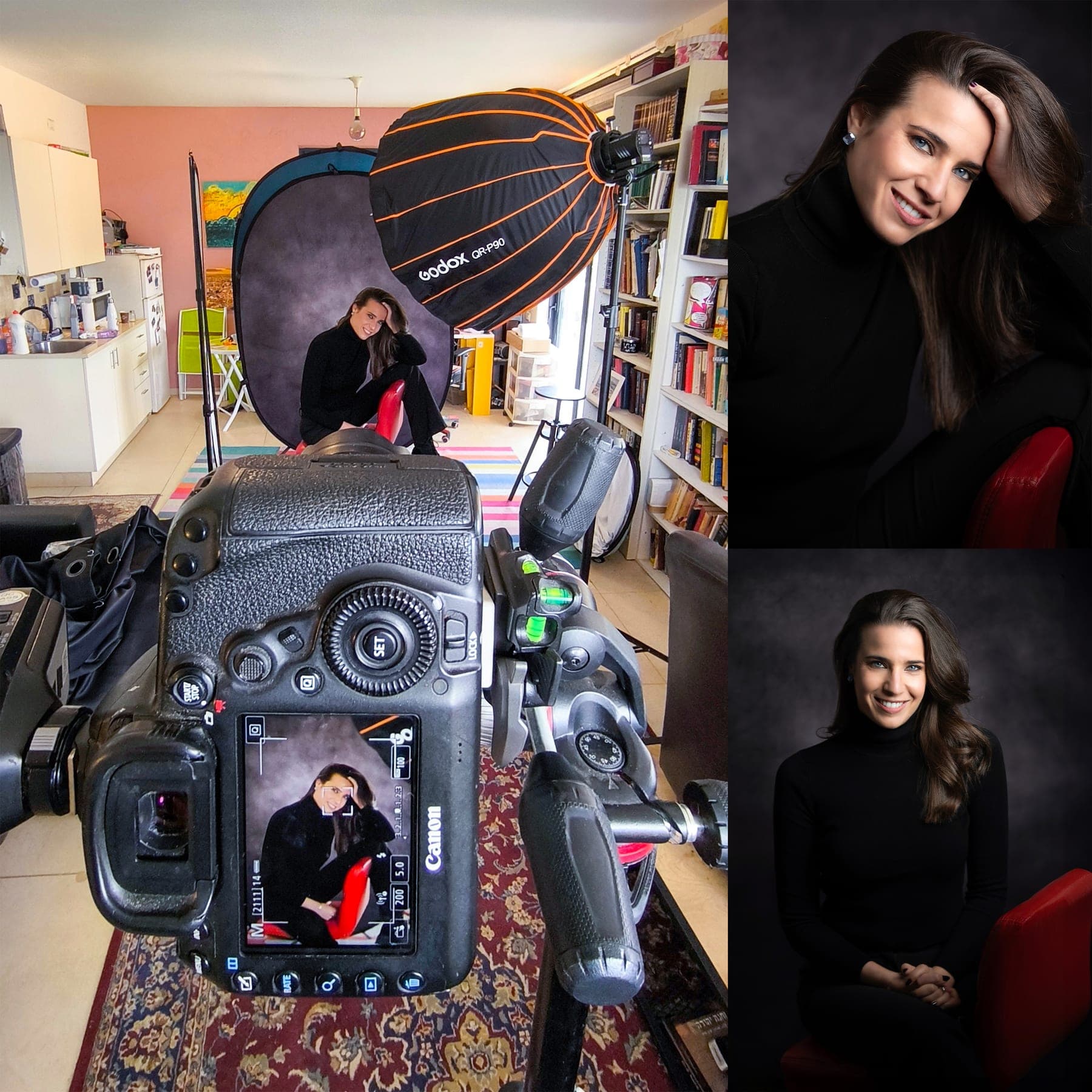 Behind the scenes in Sharon Gabay's studio: a view from behind the camera toward the subject under the lighting, beside the two finished portraits