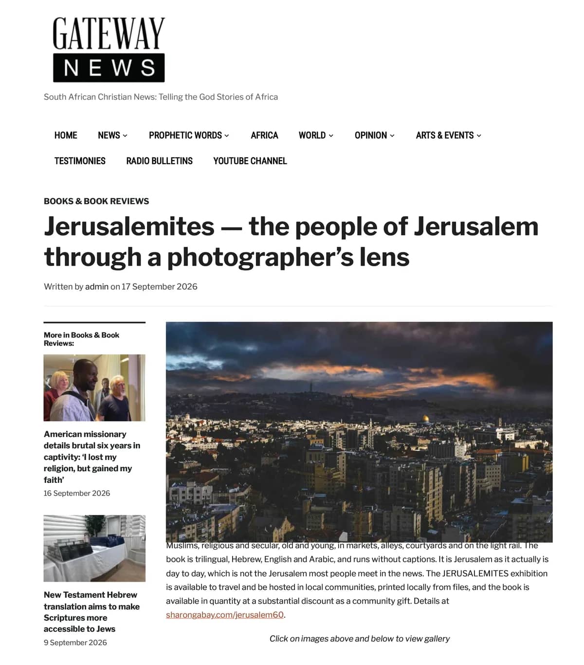 The opening of the feature on the photography book "Jerusalemites" on Gateway News, carrying the view of Jerusalem at dusk, the Dome of the Rock and storm clouds over the city