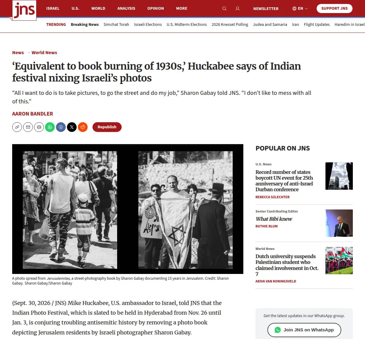 JNS: ‘Equivalent to book burning of 1930s,’ Huckabee says of Indian festival nixing Israeli’s photos