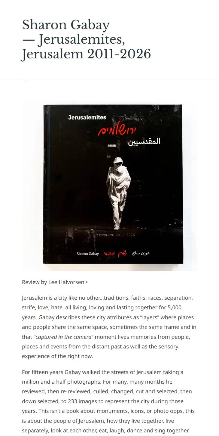 The opening of the review in PhotoBook Journal: the headline Sharon Gabay — Jerusalemites, Jerusalem 2011-2026, a photograph of the book's black cover with a walking figure and the trilingual title, and the line Review by Lee Halvorsen