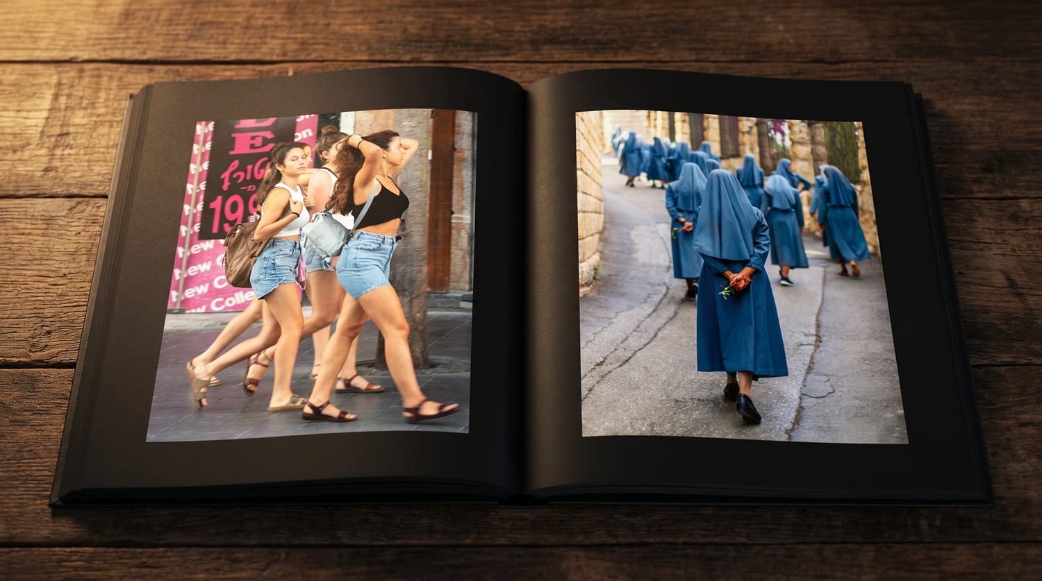 A spread from the Jerusalemites book — a procession of nuns in the streets of Jerusalem. Photography by Sharon Gabay.