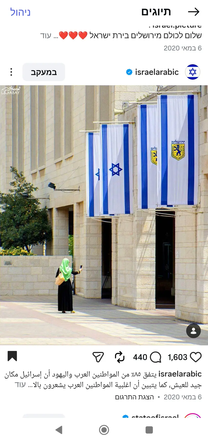 צילום של שרון גבאי בפרסום רשמי של מטה"ח בערבית (@israelarabic)