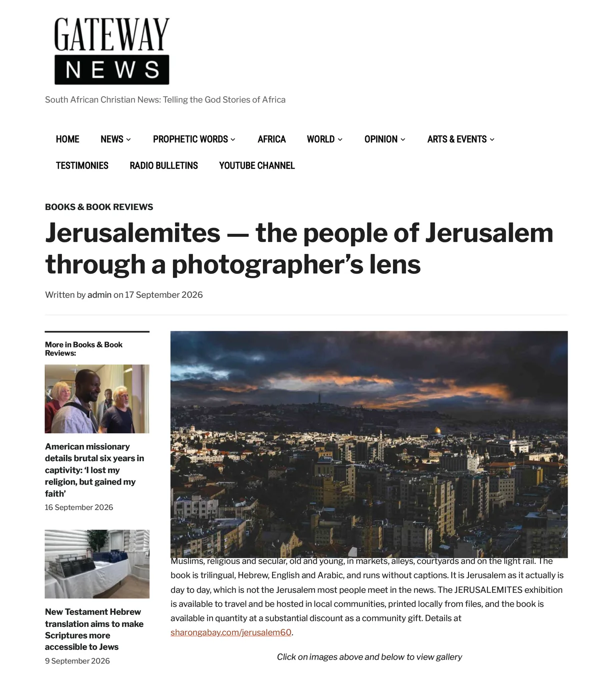 The opening of the feature on the photography book "Jerusalemites" on Gateway News, carrying the view of Jerusalem at dusk, the Dome of the Rock and storm clouds over the city