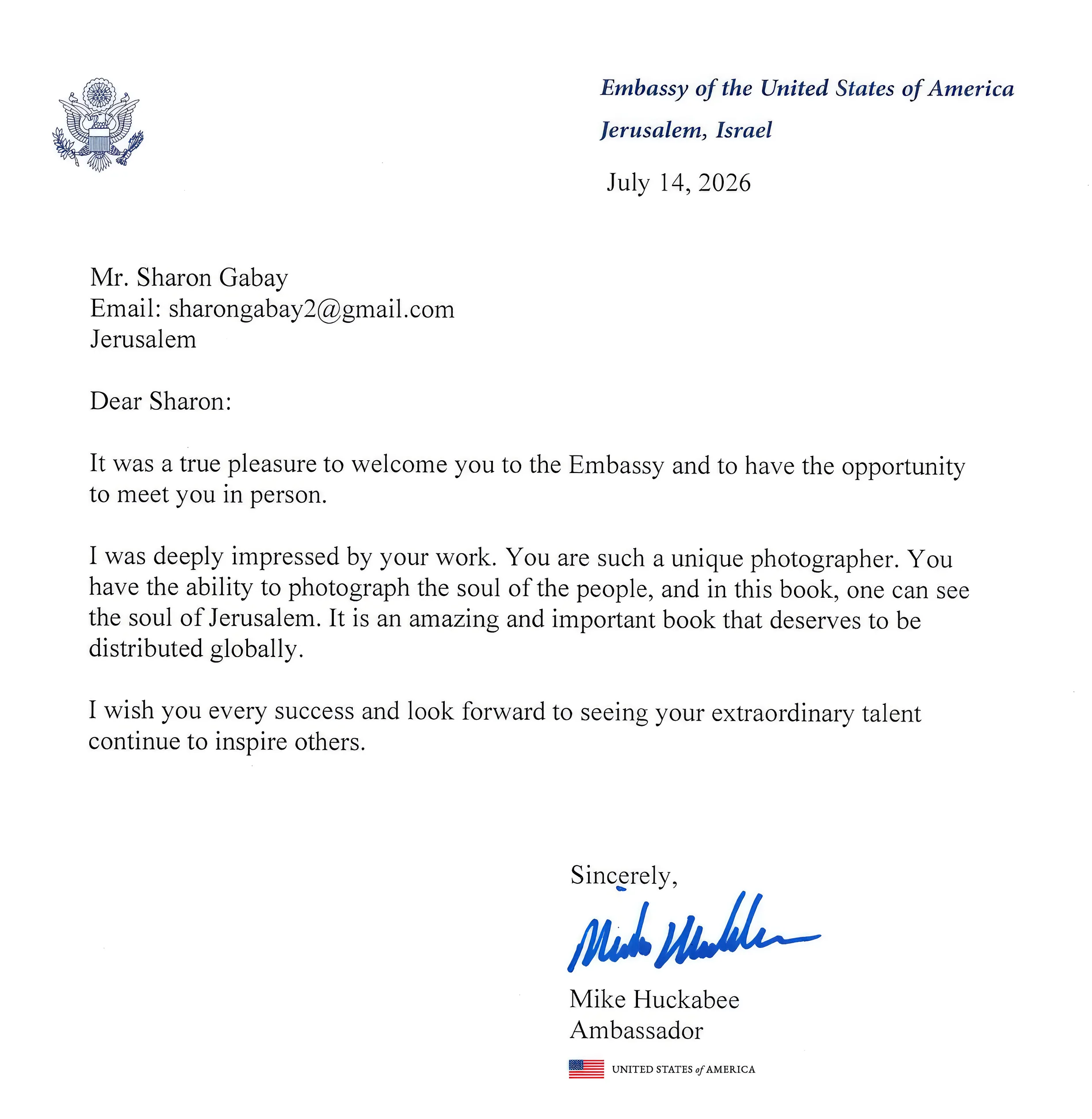 Recommendation letter from US Ambassador Mike Huckabee to Sharon Gabay