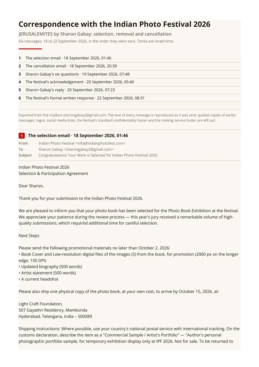 The correspondence with the festival: six messages, 18 to 22 September 2026