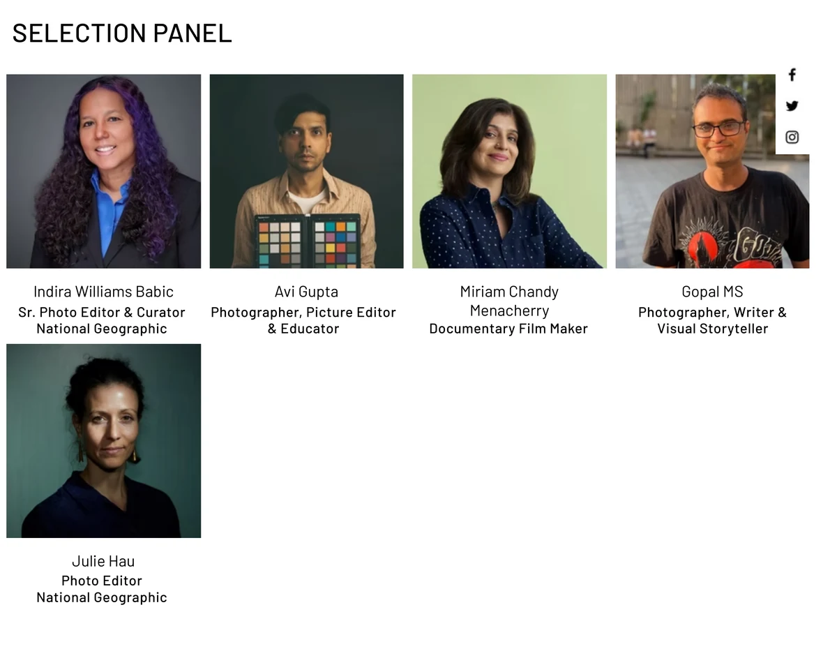 The Selection Panel on the Indian Photo Festival Open Call 2026 page: Indira Williams Babic, Sr. Photo Editor & Curator, National Geographic; Avi Gupta; Miriam Chandy Menacherry; Gopal MS; Julie Hau, Photo Editor, National Geographic