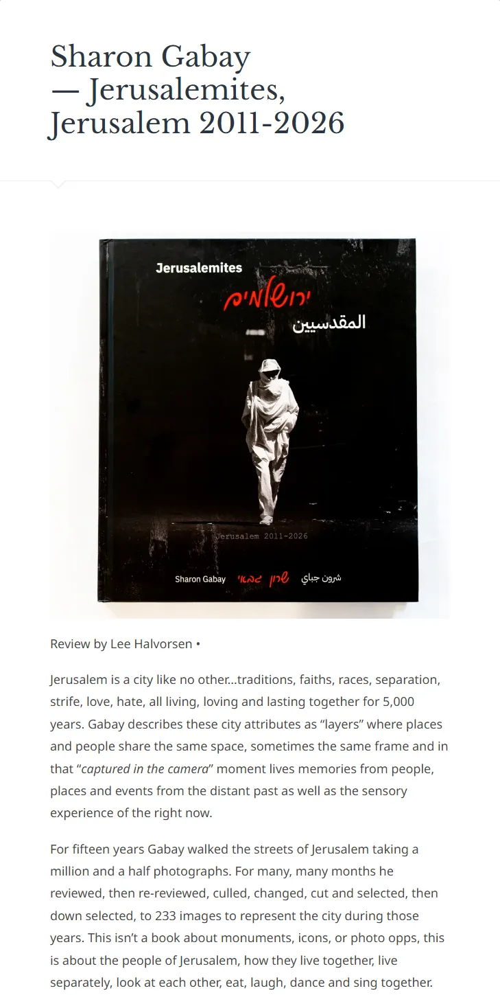 The opening of the review in PhotoBook Journal: the headline Sharon Gabay — Jerusalemites, Jerusalem 2011-2026, a photograph of the book's black cover with a walking figure and the trilingual title, and the line Review by Lee Halvorsen